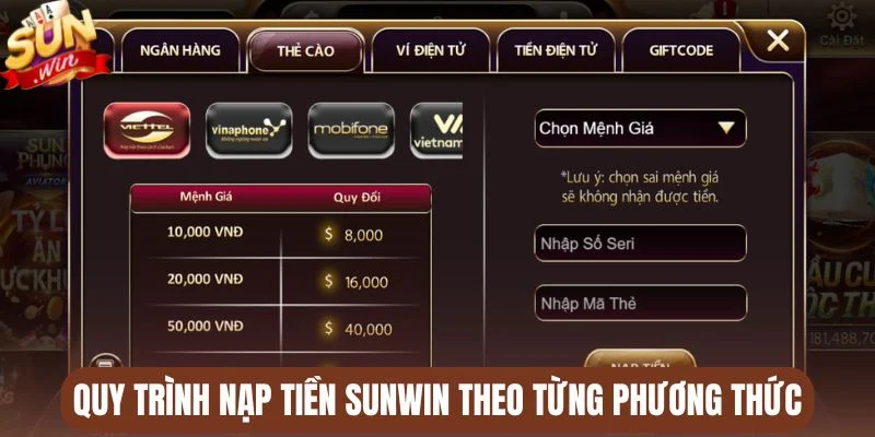 Quy trình nạp tiền Sunwin theo từng phương thức